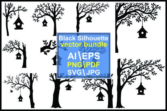 Birds and Their House Silhouette Vector: Graphics & Illustrations
