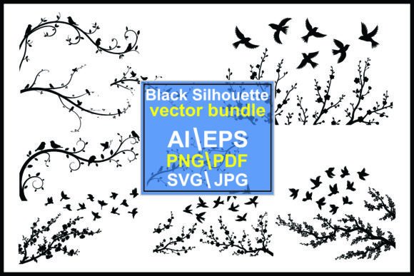 Black and White Birds Branches Flying Graphics