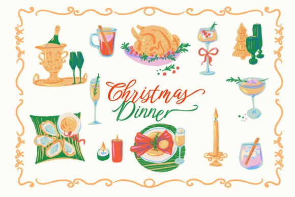 Festive Hand-Drawn Christmas Dinner Graphics