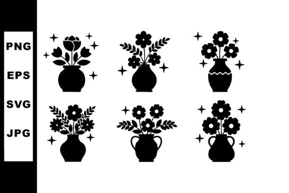 Six Black Silhouette Flower Vase Vector Graphics